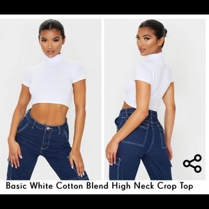 Basic White Cotton Blend High Neck Crop Top